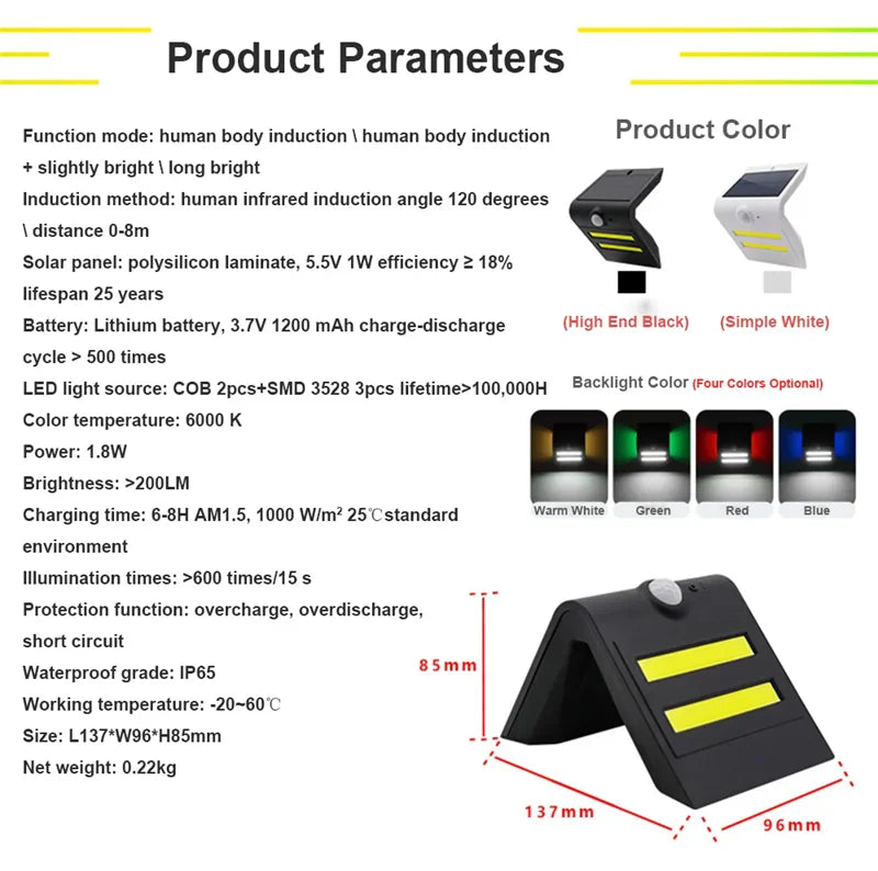 Solar LED Outdoor Motion Detection Wall Light IP65 Three Lighting Zpaxo