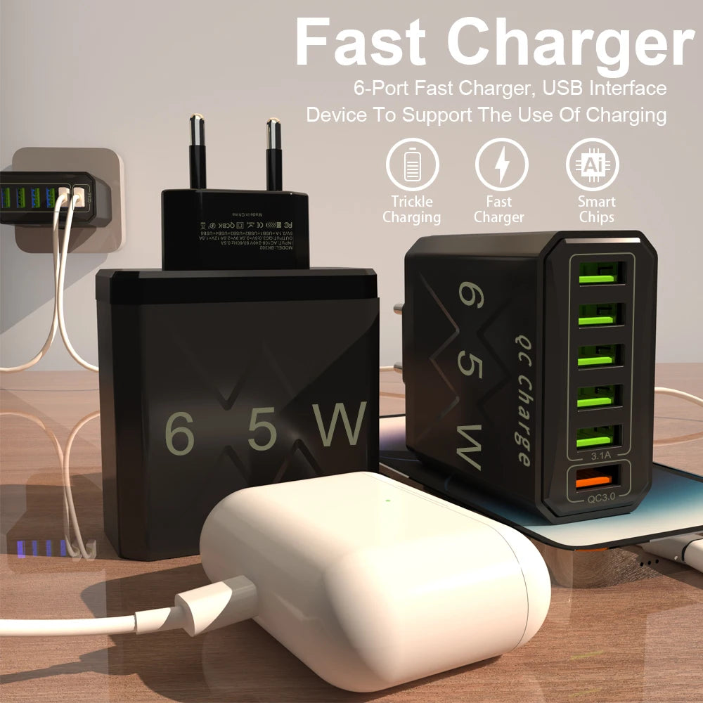 65W 3.1A 6 Ports USB Fast Phone Charger Adapter US/KR/EU Plug Travel Wall Charger For iPhone Xiaomi Huawei QC 3.0 Quick Charger Zpaxo