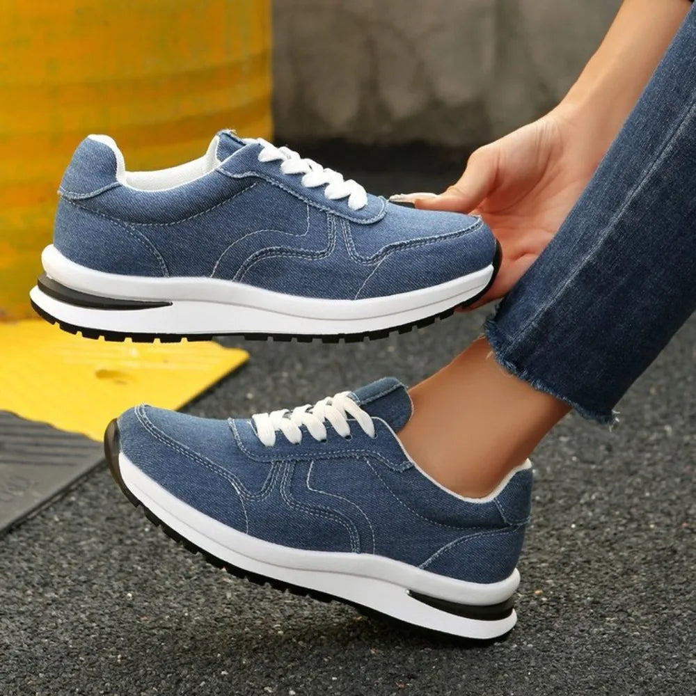 Blue Denim Platform Sneakers Women Fashion Thick Sole Lace Up Sports