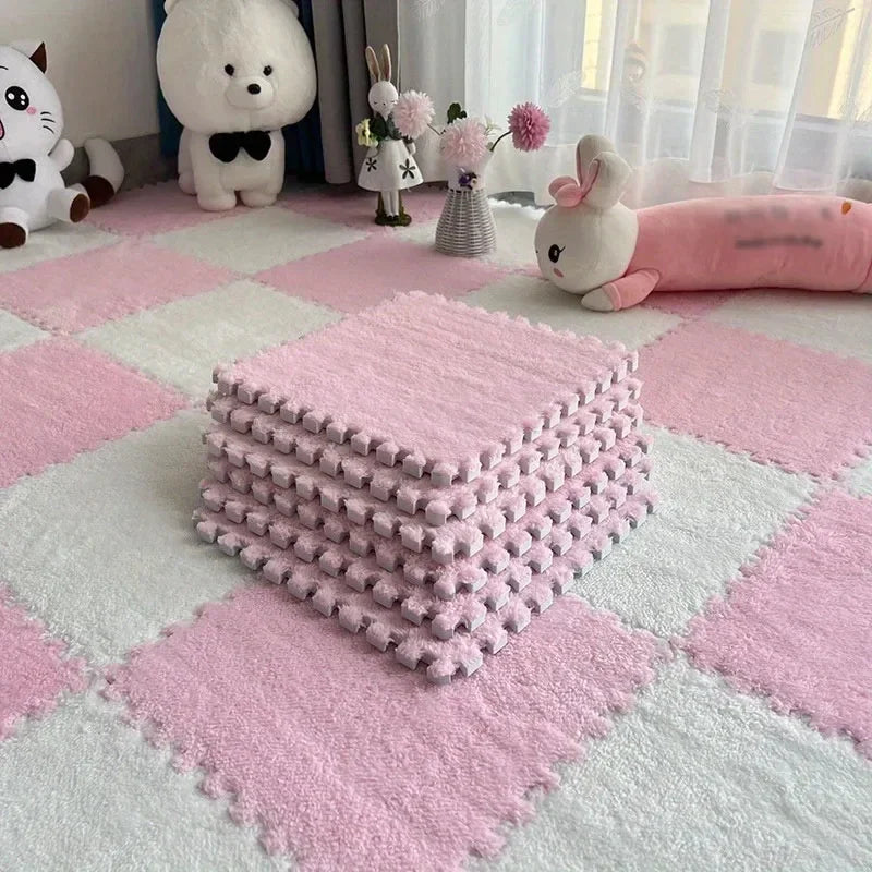30 Plush Shaggy Interlocking Foam Carpet Tiles Kid Squares Protective Zpaxo PinkWhite-8Pcs