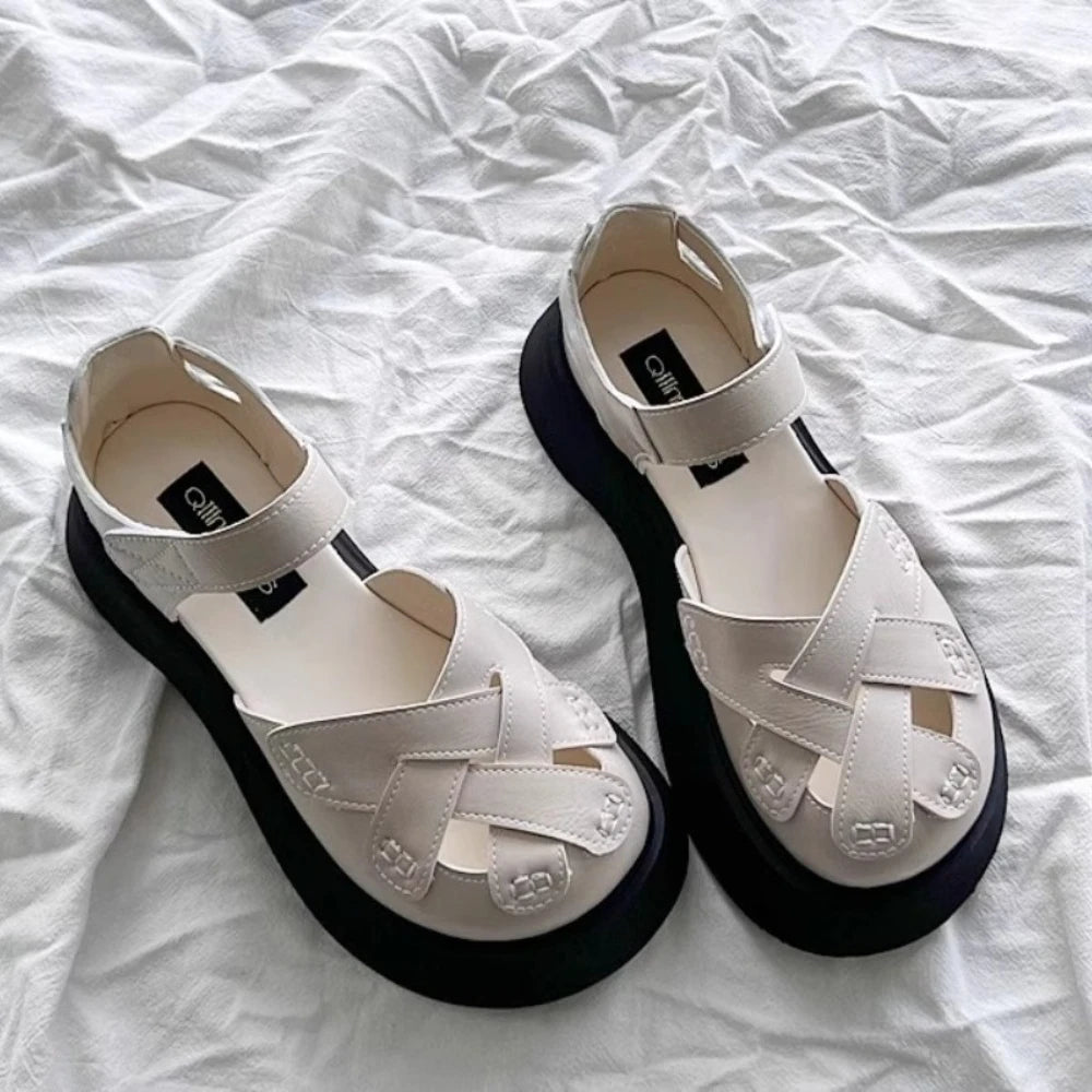 2025 Summer New Retro Style Mary Jane Enclosed Toe Sandals for Women Artistic & Versatile Weaving Style Thick Soled Roman Shoes Zpaxo