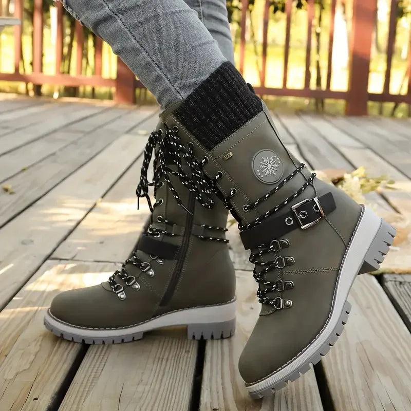 Women Snow Boots 2025 New Comfortable Warm Non-slip Shoes for Women Buckle Lace Knitted Mid-calf Boots Low Heel Round Toe Boots Zpaxo army green 37