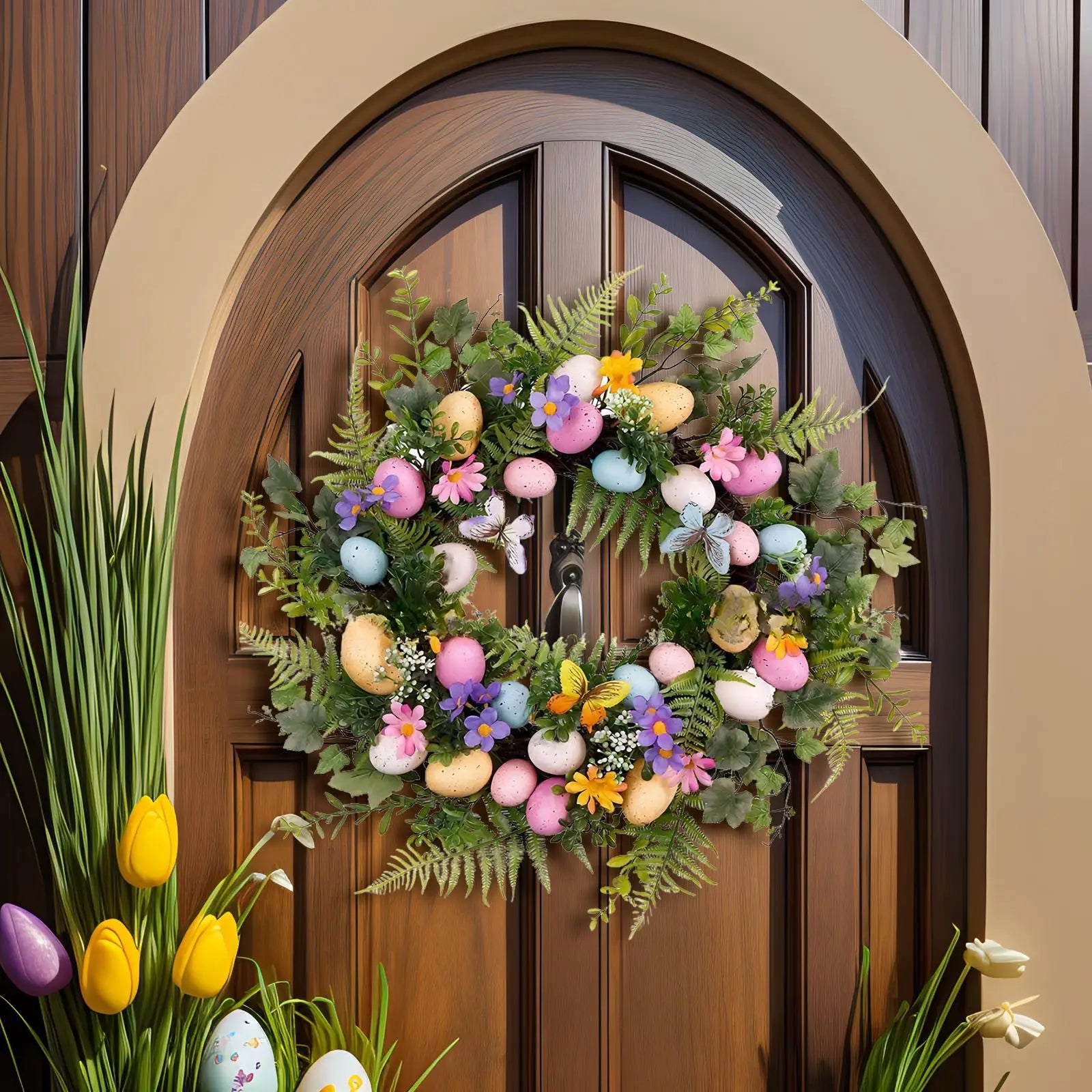Easter Egg Wreath Artificial Green Leaves Garland Easter Door Garland for Front Door, Easter Celebration, Wall ,Window Decor Zpaxo