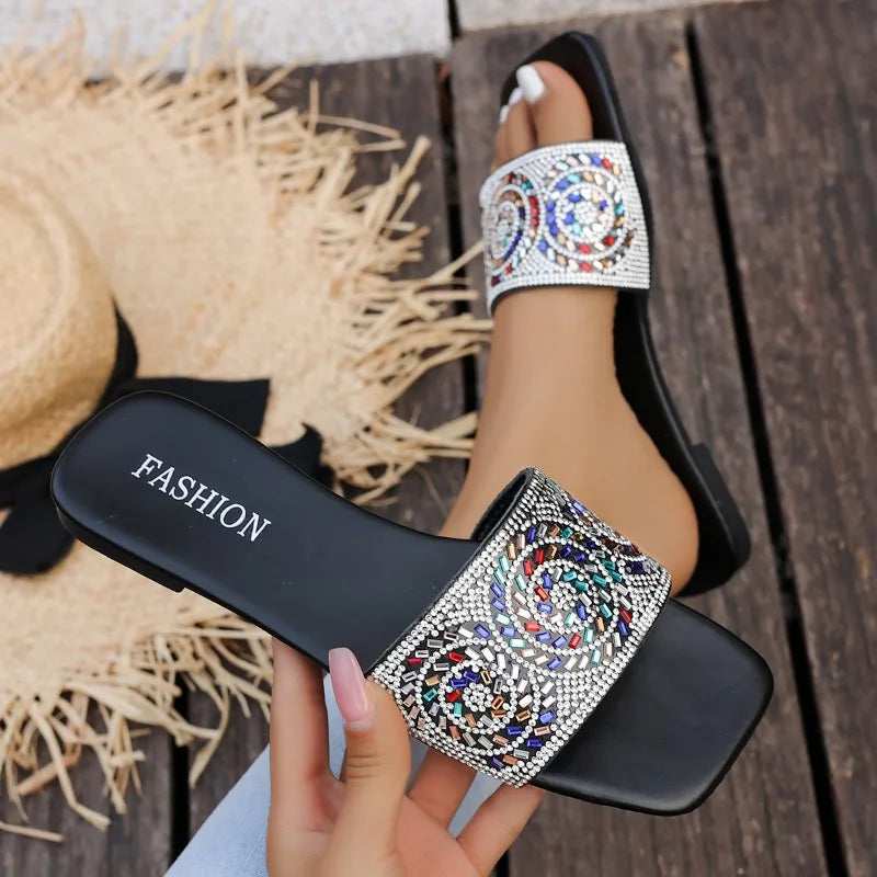Slippers Women Shiny Rhinestone Outdoor Beach Open Toe Female Casual Zpaxo
