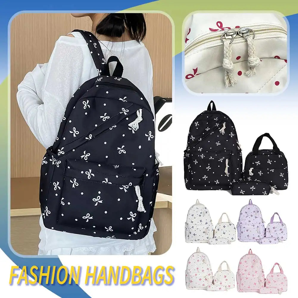 Korean Fashion Bow Print Women Backpack Simple Student Schoolbag