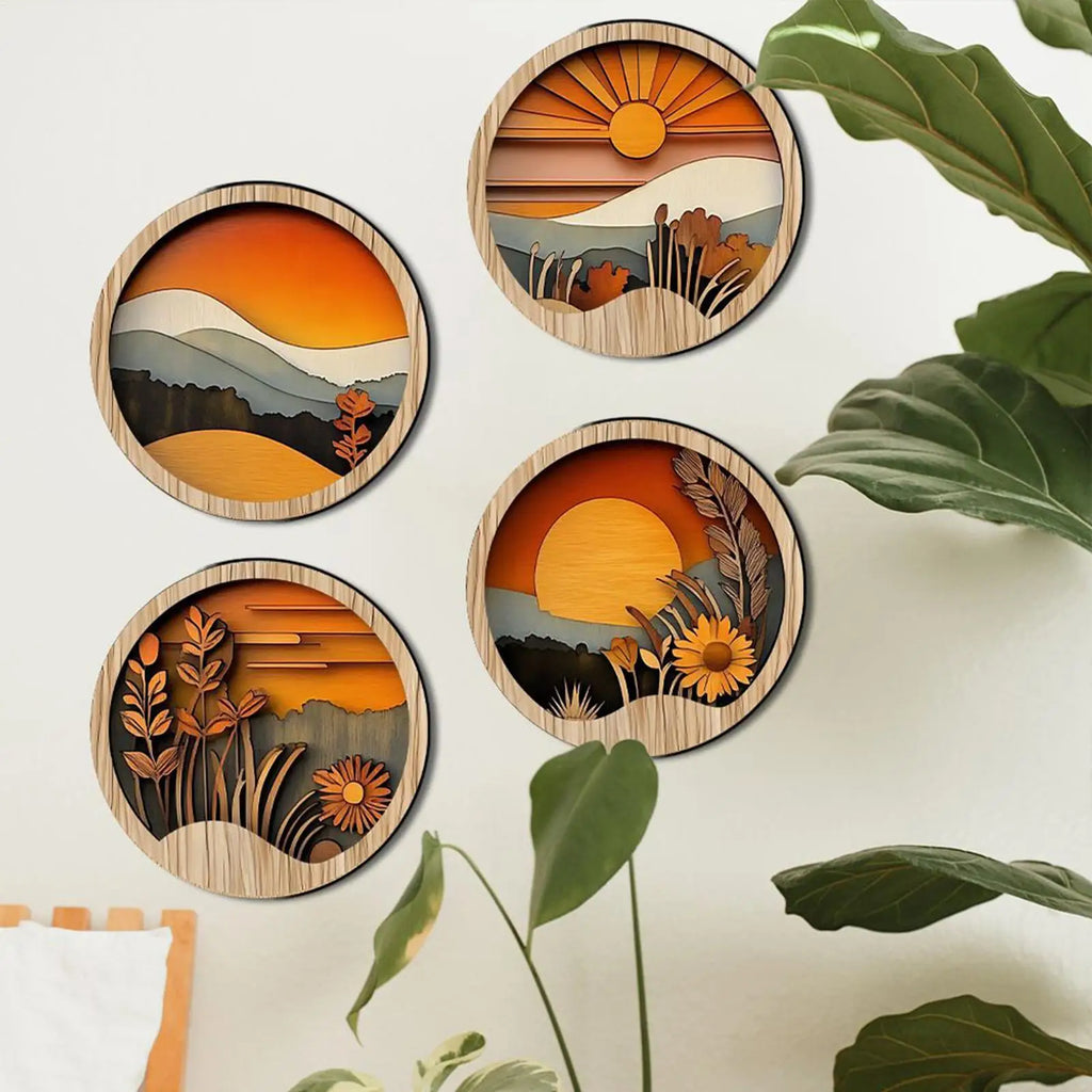 4-Piece Bohemian Wooden Wall Art Set | Boho Geometric Decor Wooden Wall Art Zpaxo