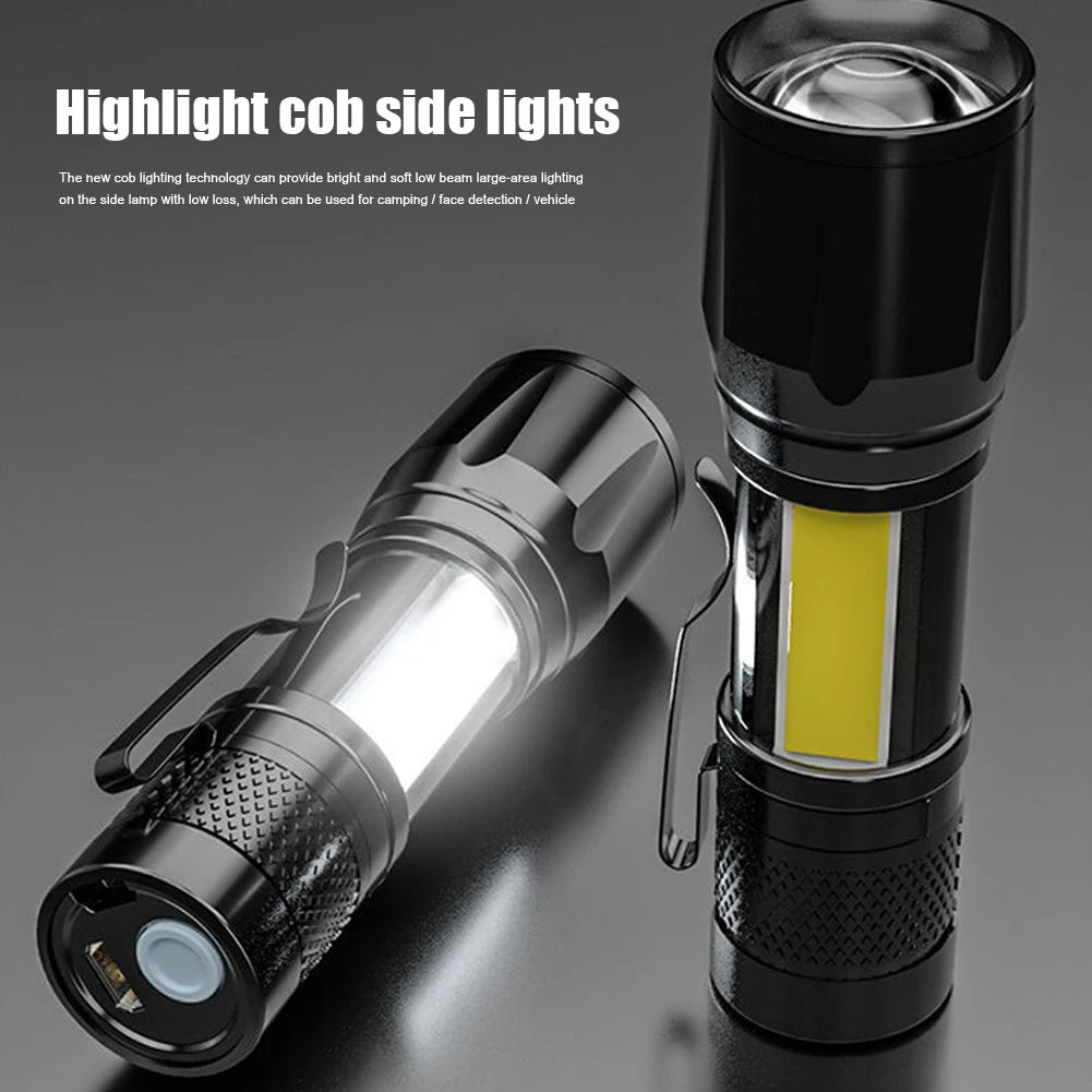 XPE+COB LED Flashlight USB Rechargeable Portable Telescopic Zoom