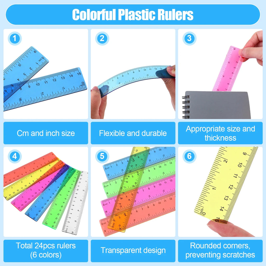 24PCS Colorful Ruler Clear Plastic Rulers Clear Assorted Kids Measuring Straight Ruler With Inches Centimeters Millimeter Bulk B Zpaxo