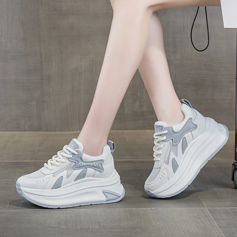 Womens White Mesh Sneakers Breathable Chunky Platform Height Zpaxo
