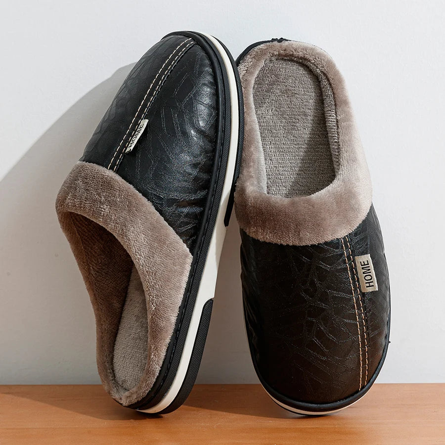 Mens Winter Slippers PU Leather Waterproof Indoor House Shoes Big