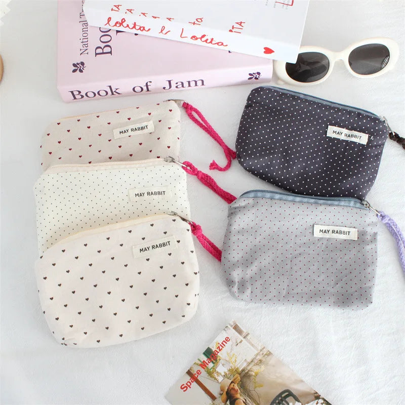 Korean Canvas Coin Purse – Polka Dot & Heart Mini Zipper Pouch Canvas Coin Purse Zpaxo