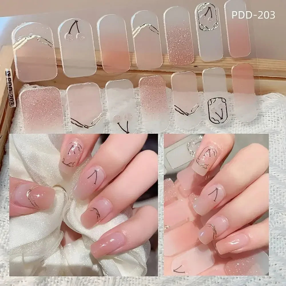 14Strips Gel Nail Stickers Full Cover Floristic Art Semi Cured Polish