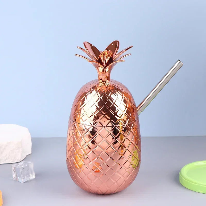 450ml Pineapple Cocktail Cup with Stainless Steel Straw Novelty Cocktail Cup Zpaxo Copper