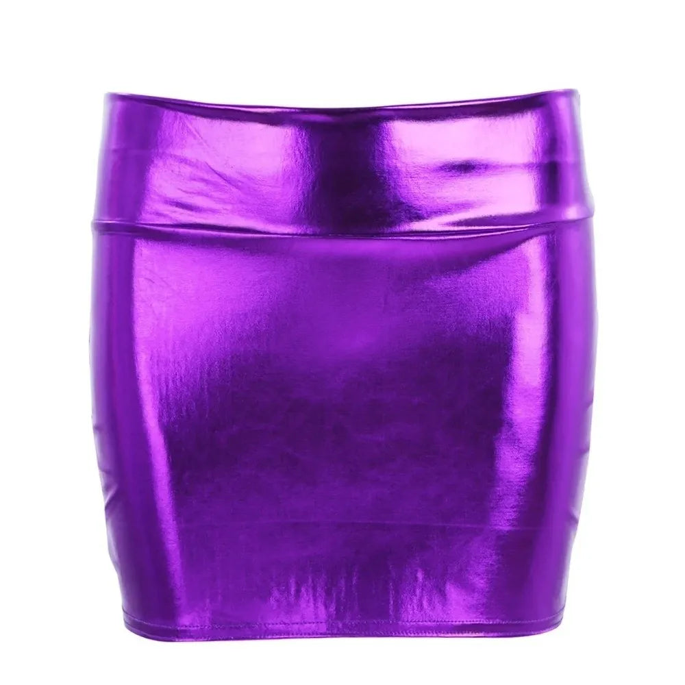 Fashion Metallic Bodycon Mini Skirt High Shine PU Leather Party Skirt Body Shaping Elastic Tight Pencil Skirt Party Wear Zpaxo