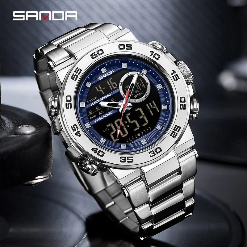 SANDA Fashion Men's Electronic Watches Sports Multifunctional Waterproof Large Dial Three Pin Double Display Men's Wristwatches Zpaxo