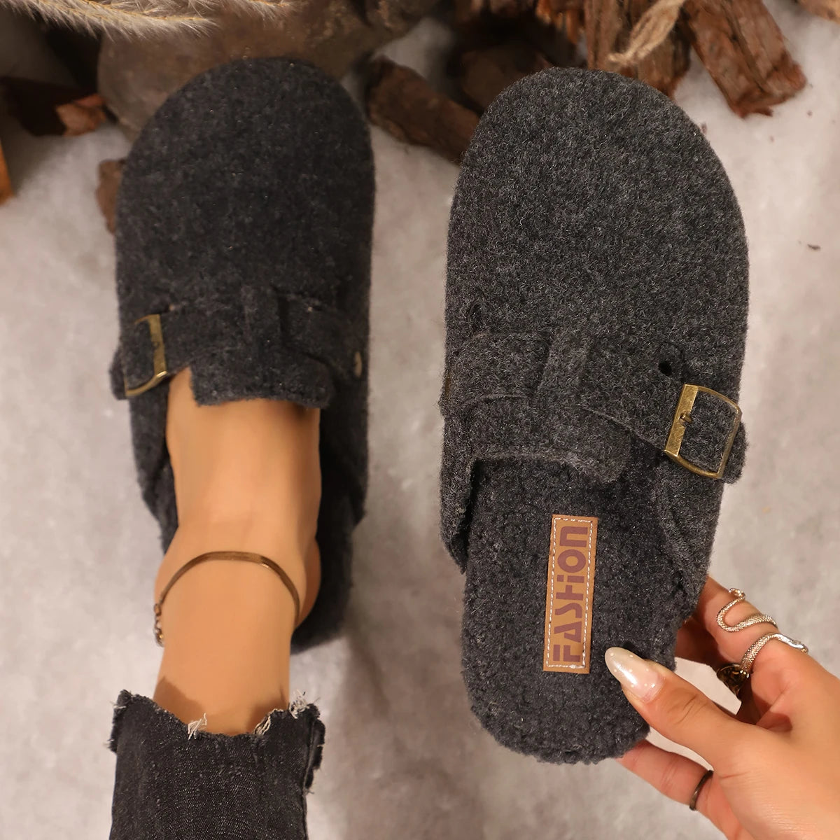 Women Slippers Trend Closed-Toe Couple Style Shoes Women Autumn Winter Home Plush-Lined Slides Women Thick-Soled Clogs Slippers Zpaxo GRAY 38