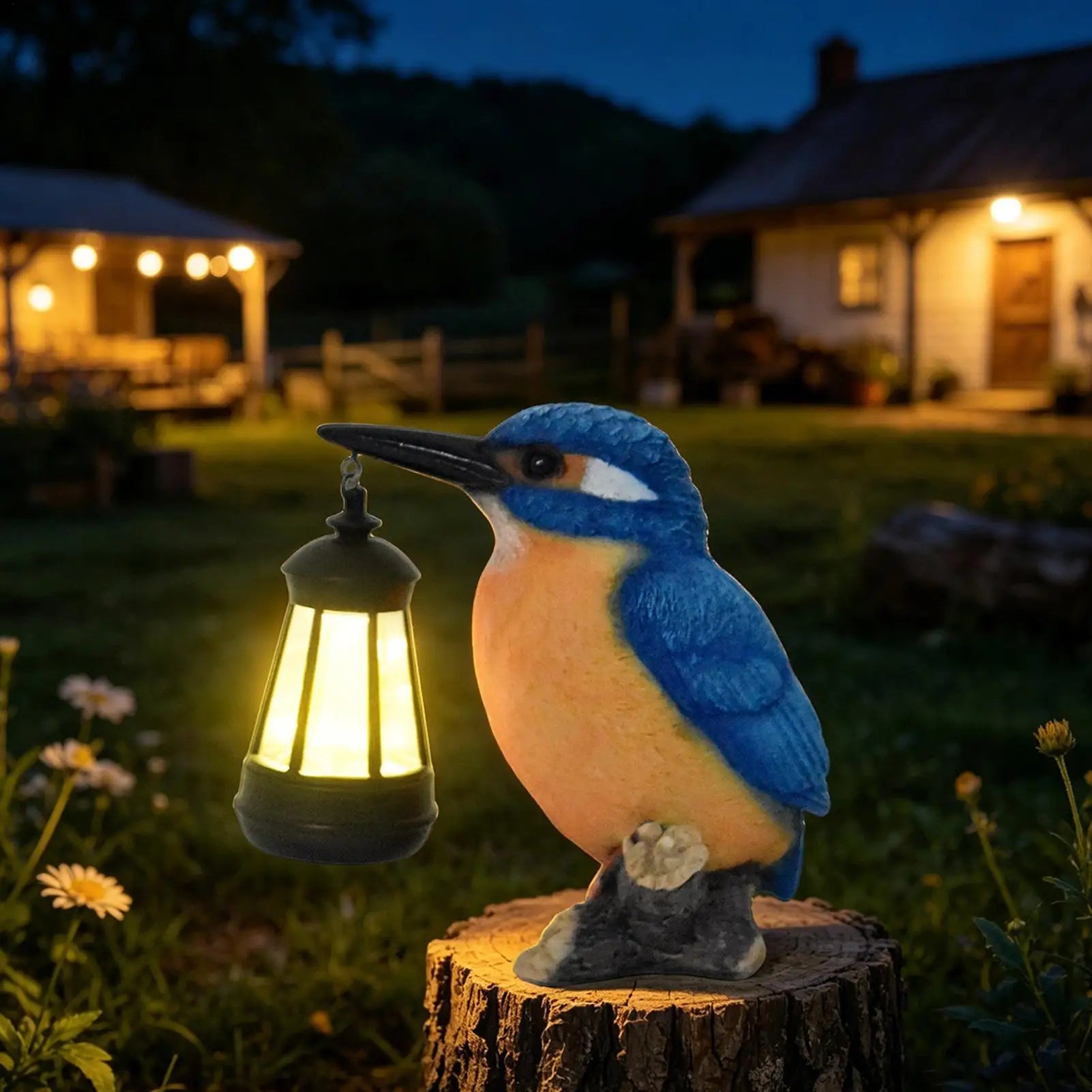 Bird Statues Outside Resin Blue Kingfisher Sculpture Solar Lantern