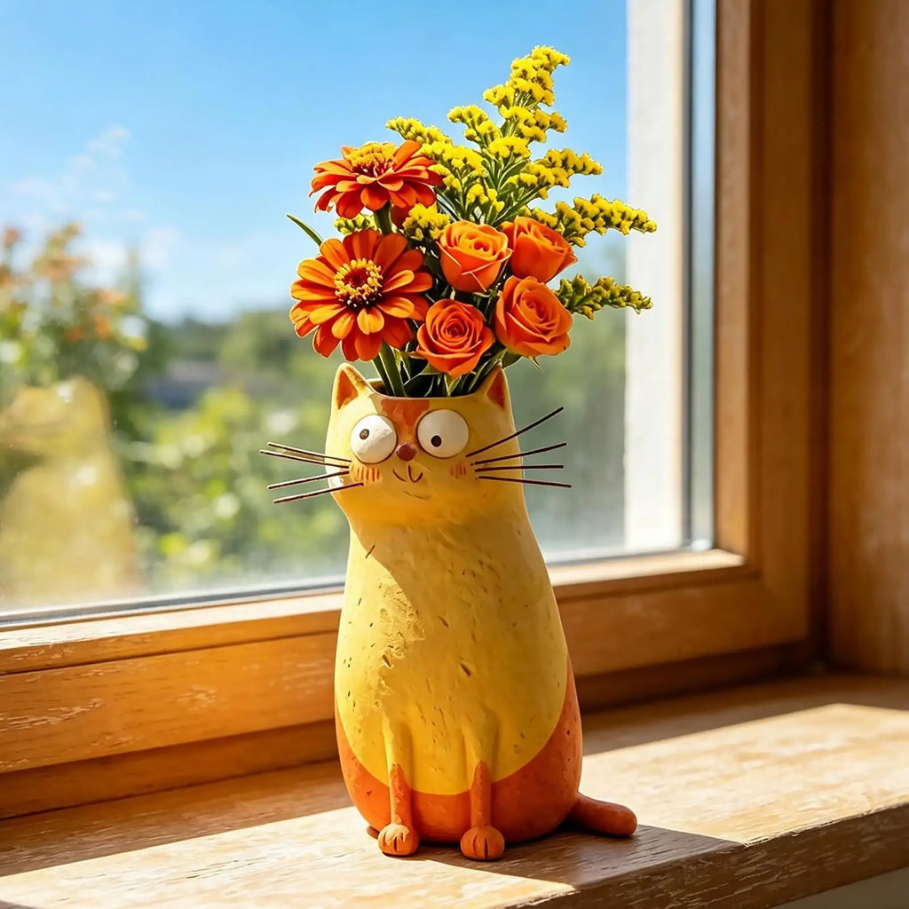 Cat Flower Vase Cute Whimsical Handcrafted Resin Handmade Kitty