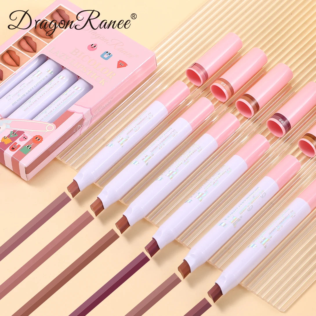 Set of Six Two-Color Lipstick Pens in a Box, Matte and Long-Lasting, Two-Color, Fine Texture, Waterproof, Non-Fading Lip Gloss, Natural and Easy-To-Apply Lipstick Set Zpaxo