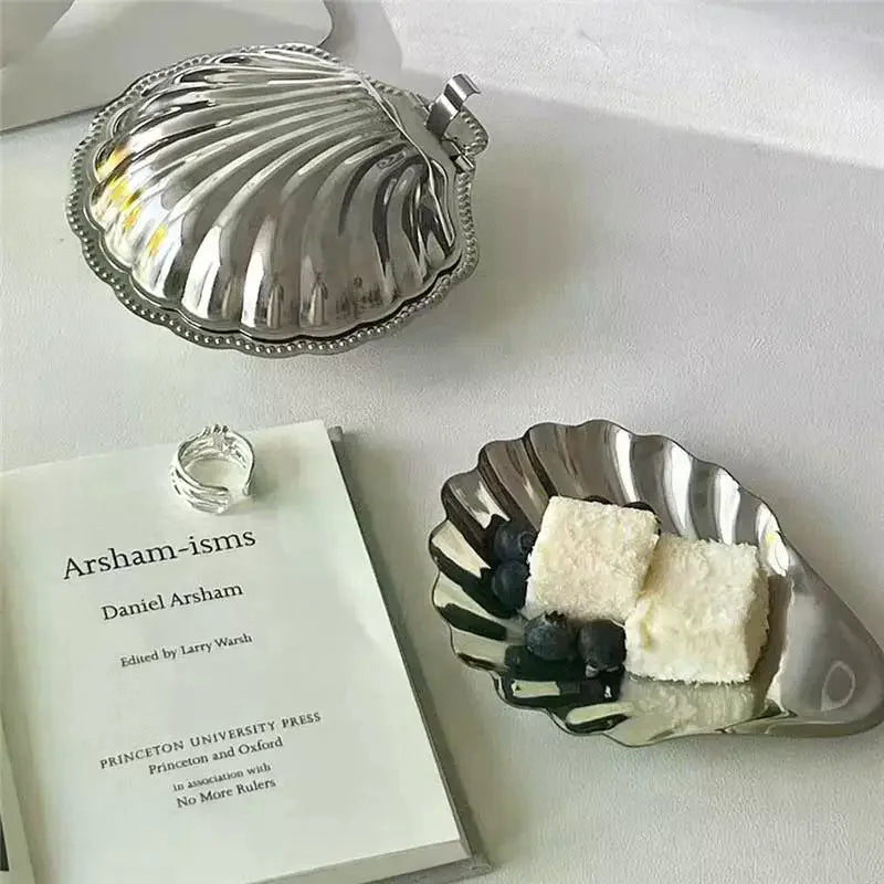 Stainless Steel Plate Shell Shaped Dish Metal Cheese Dessert Dish Plate Jewelry Storage Metal Tray Soap Box Table Decoration Zpaxo