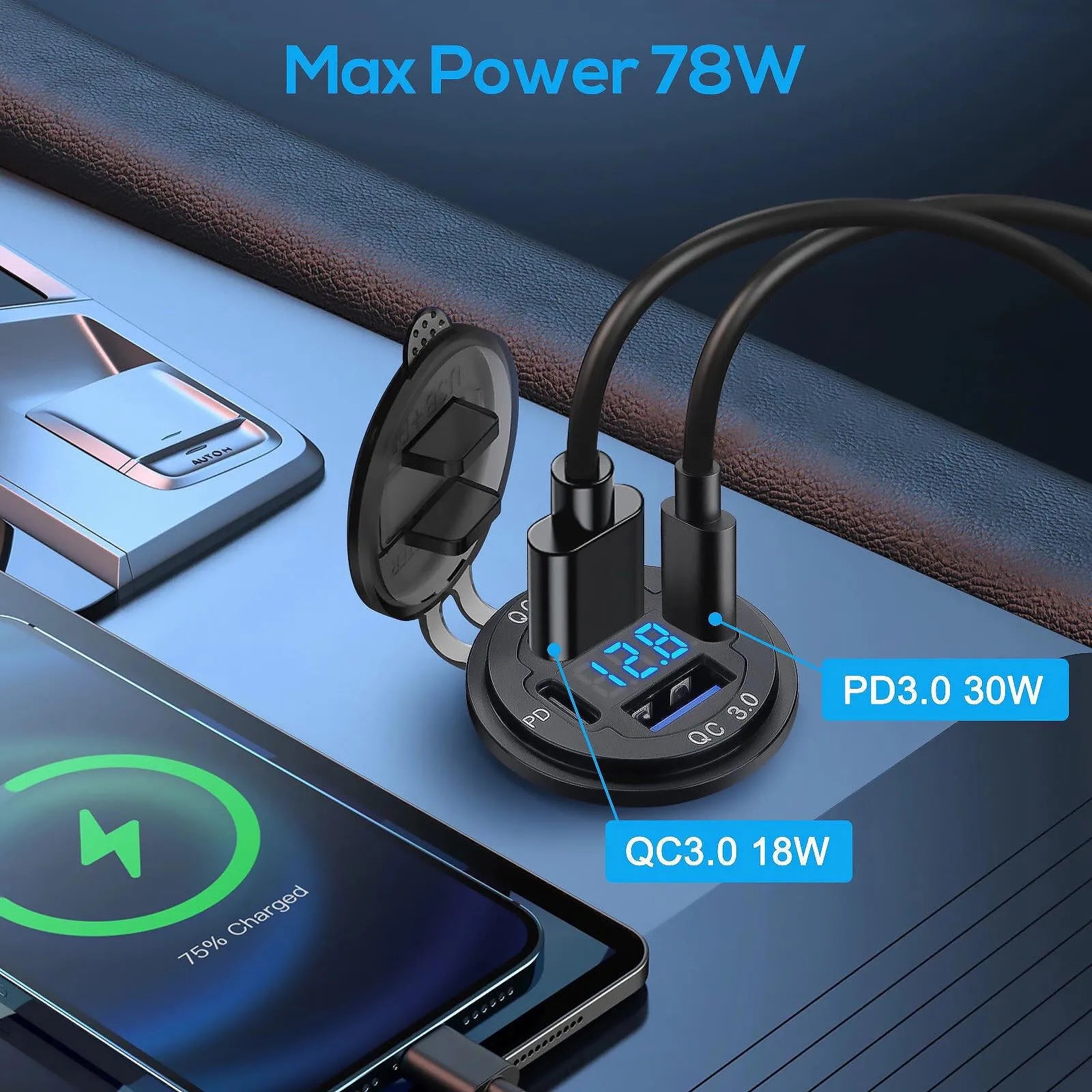 4 Ports Dual PD Port QC 3 0 USB Car Charger Voltmeter Socket Power