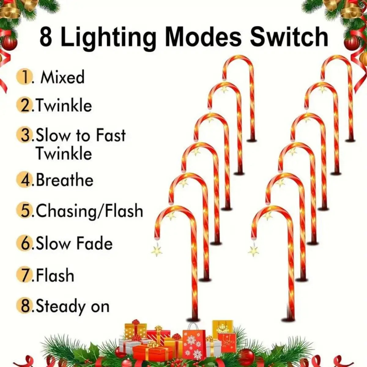 Christmas Decorative Cane Light Solar Courtyard 8-Mode Lighting Zpaxo