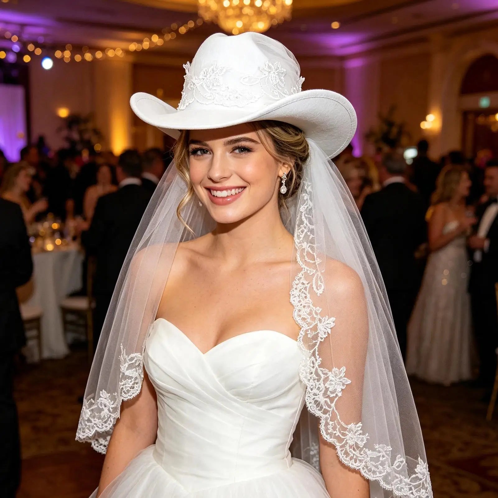 Bride Cowgirl Hat Veil Bachelorette Party White Headwear Cowboy
