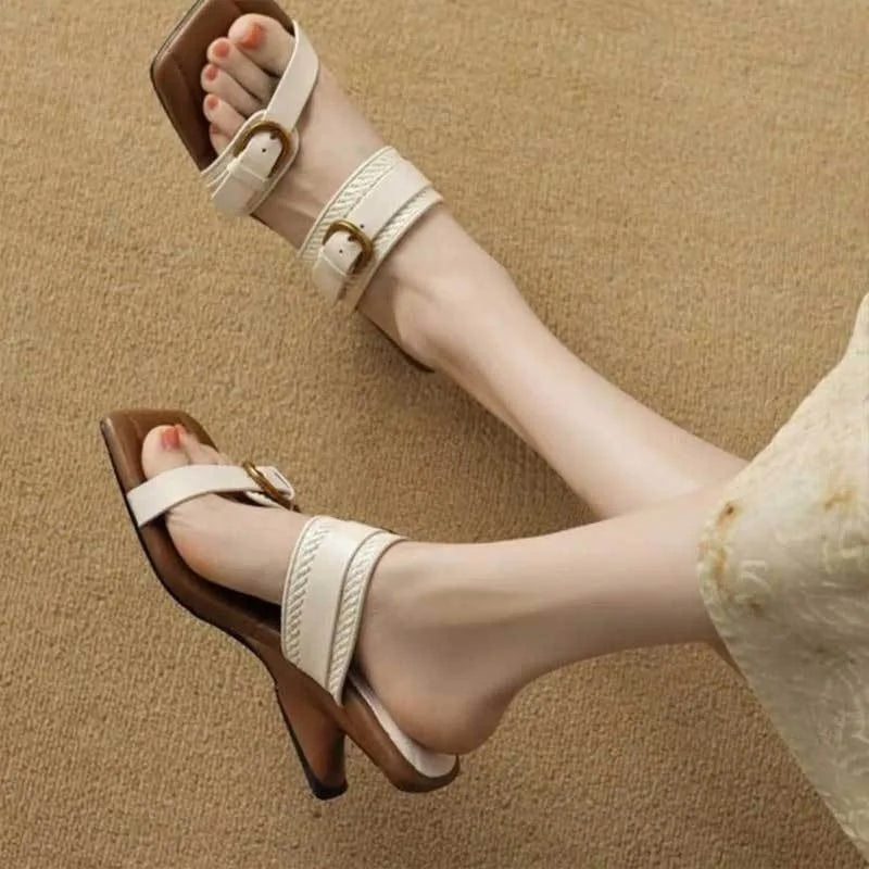 Vintage Braided Belt Buckle Open Toe Wedges Women's Summer New Square-toed High-heeled Slippers Zpaxo