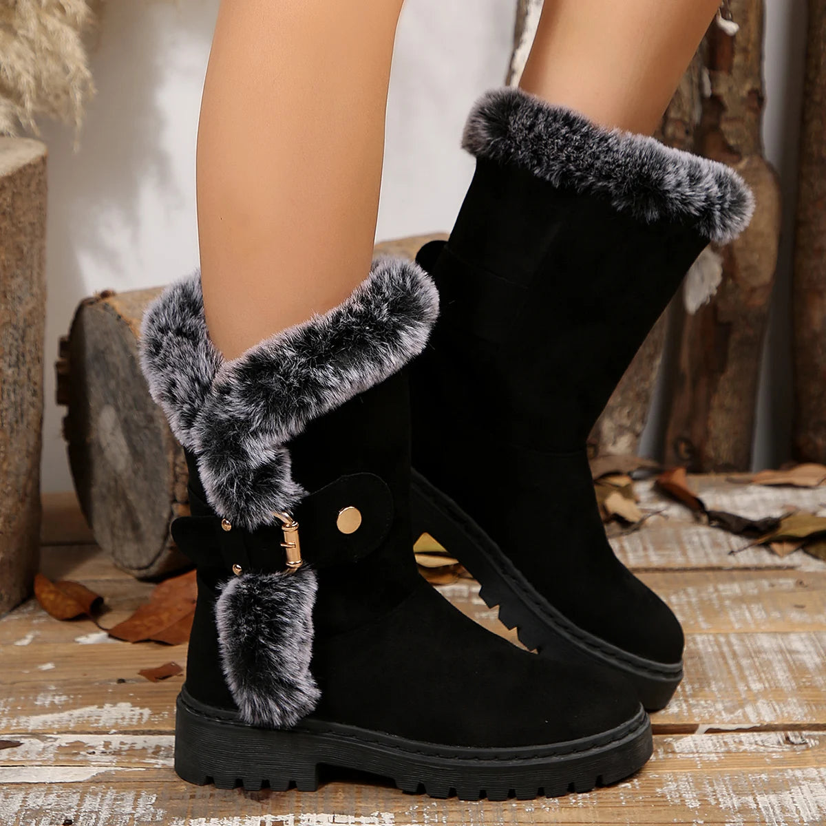Women Mid-Calf Boots 2025 Outdoor Luxury Ankle Boots Round Toe Slip on Shoes Female Fashion Comfortable Warm Snow Boots Women Zpaxo black 42