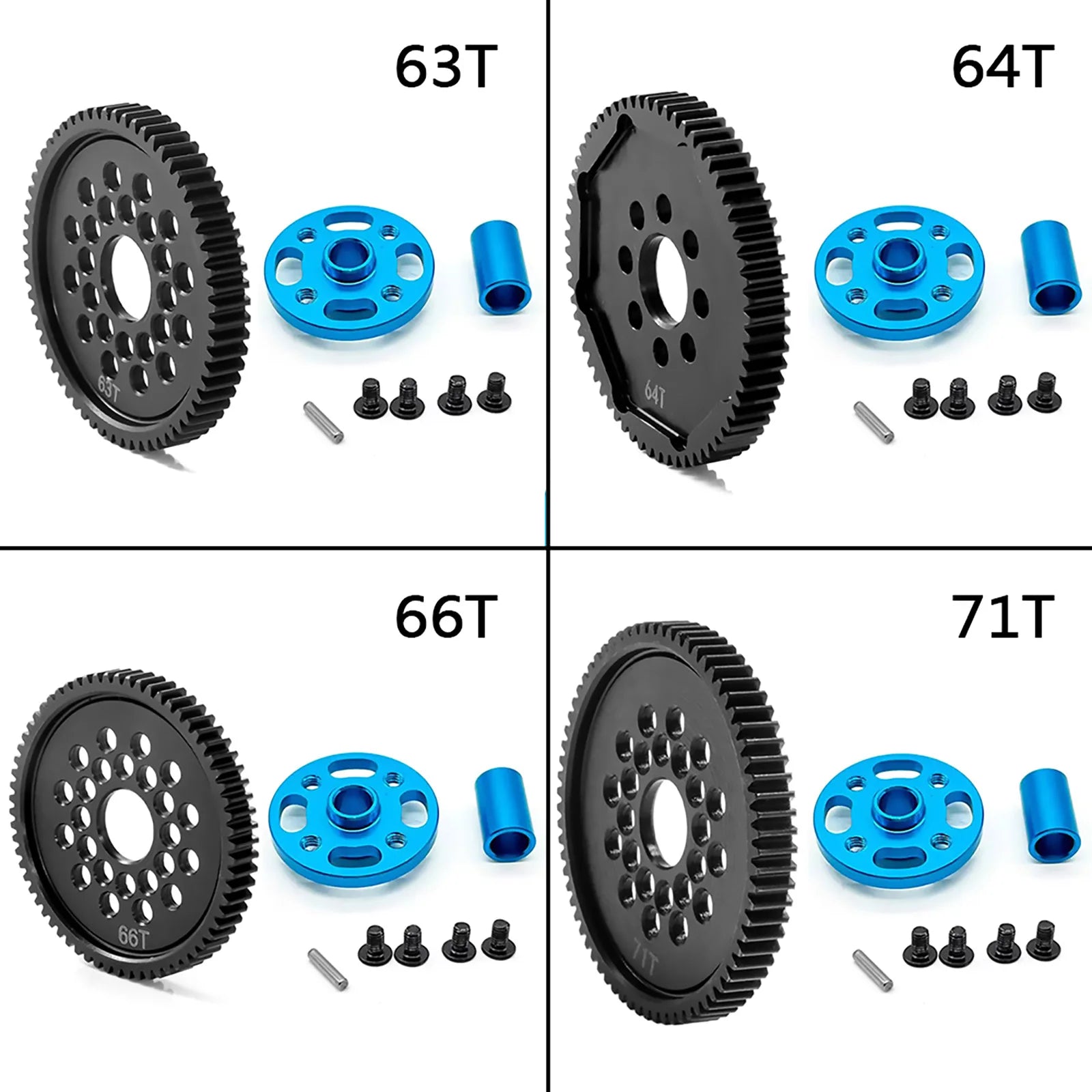 Aluminum High Speed Spur Gear With Gear Mount Kit Upgrade Parts For Tamiya TT02 TT-02 RC Car Accessories Replace 63T/64T/66T/71T