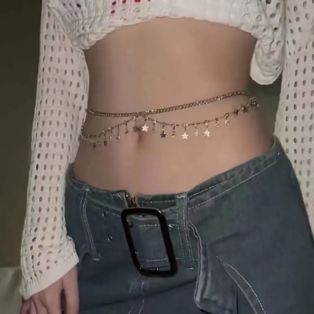 Star Glitter Tassel Boho Waist Chain Shiny Rhinestone Beach Body Jewelry Belly Waist Chain Multi Layer Chain Body Belt Zpaxo