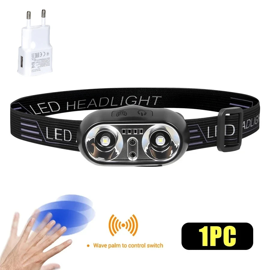 Smart Sensor LED Headlamp – USB-C Rechargeable, IPX5 Waterproof