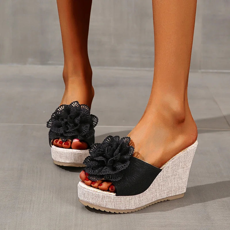 Women Wedges Sandals Summer Beach Platform Shoes Flower Round Headed Solid Color Slippers Women High Heel Shoes Zapatos De Mujer Zpaxo