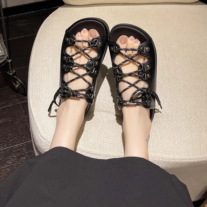 Lace-up Flat Slippers Women's Summer 2026 Open Toe Metal Buckle Zpaxo
