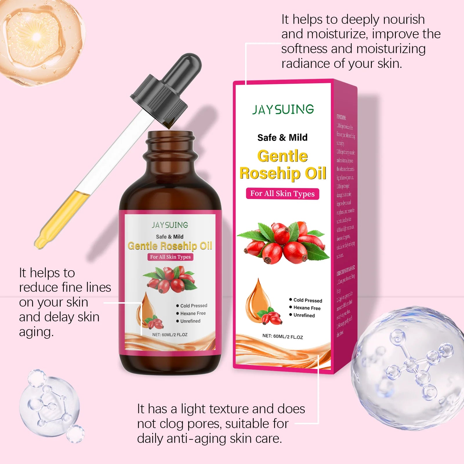 Jaysuing Rosehip Facial Oil Anti-Aging Moisturizing Essence 60ml Facial Essence Oil Zpaxo