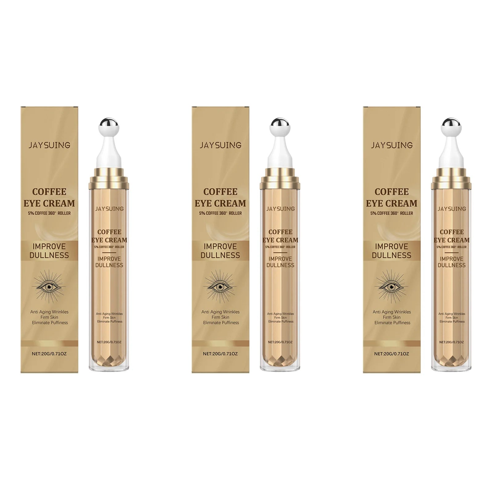 Caffeine Firming Eye Cream Fade Dark Circles Anti-Puffiness Lighten Fine Lines Under The Eyes Remove Eye Bags Roller Eye Massage Zpaxo 3 x 20g Boxed