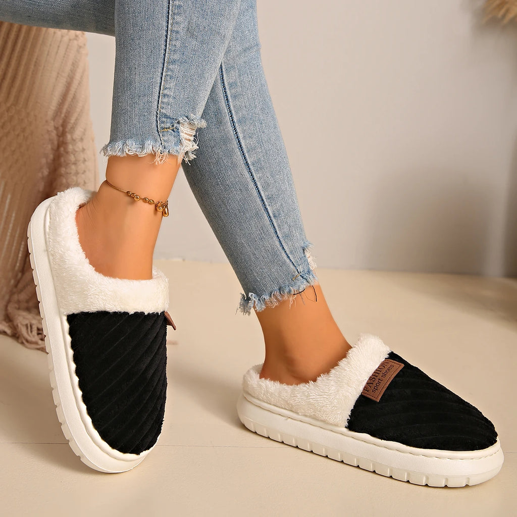 2025 Women Slippers Winter Home Casual Cotton Shoes Women Unisex Concise Flat Plush Slippers Non-slip Warm Fluffy Slides Women Zpaxo