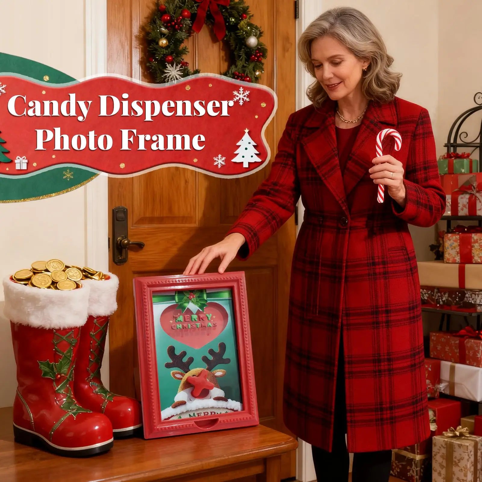 Candy Dispenser Picture Frame Reindeer-themed Holiday Christmas Decor