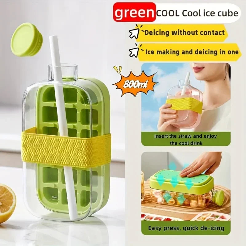 12-Grid 500/800ml Silicone Food-Grade Ice Cube Tray Large Capacity Water Bottle Combo with Lid Flexible Transparent Plastic Mold Zpaxo Green 800ML 1 PCS