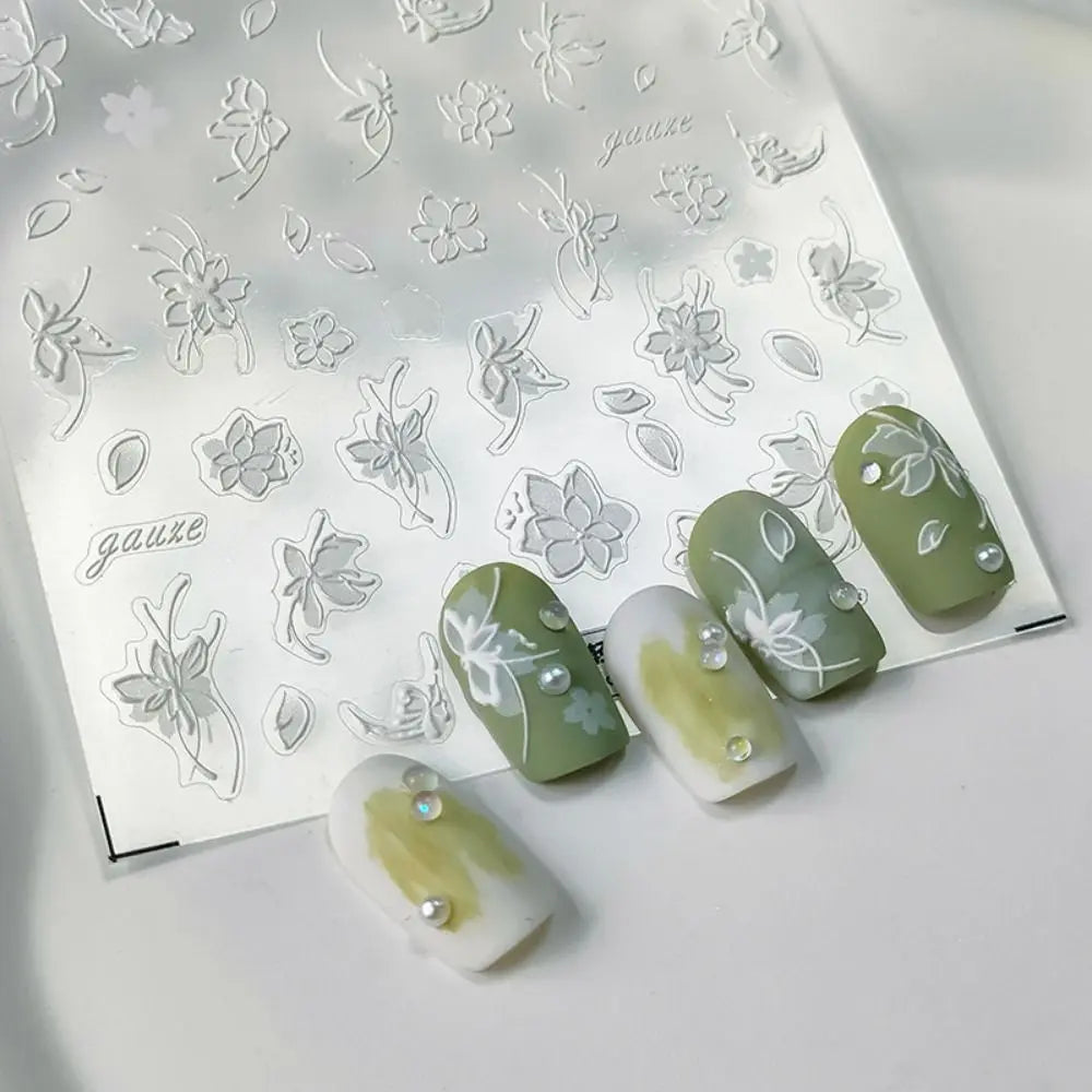 5D White Flower Nail Stickers Charm Simple Floral Petal Sticker Zpaxo