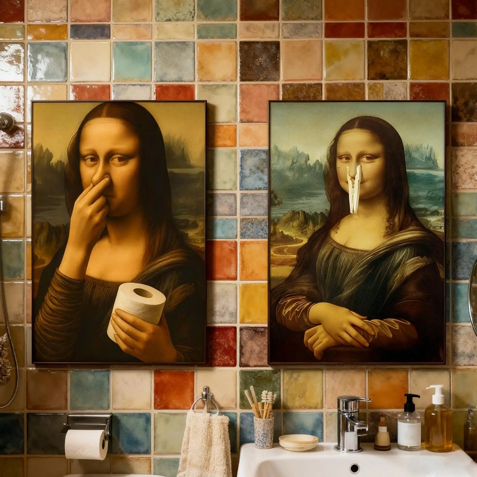 Funny Bathroom Wall Decor Humorous Pinching Nose Poster Art Toilet