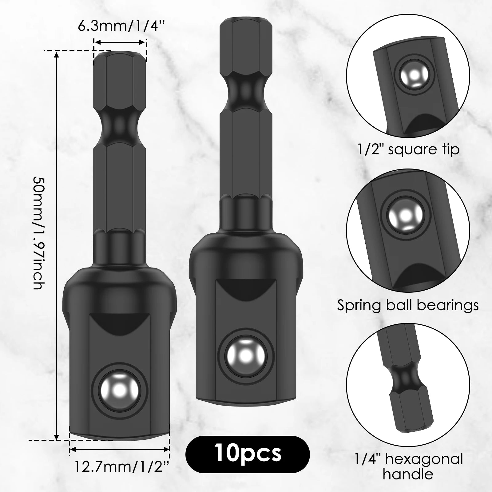 20/10pcs Impact Adapter 1/2 inch 3/8 Inch Square Socket Bit Adapter Hex Impact Socket for Drills Extension Accessory Driver Bits Zpaxo A 10pcs 50mm