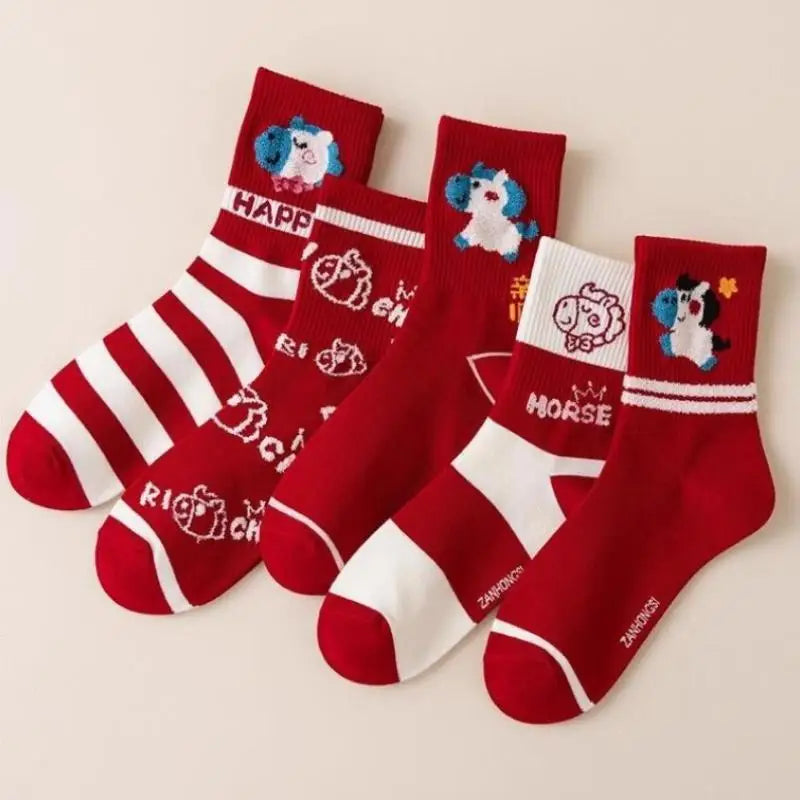 Cute Cartoon Zodiac Year Horse Autumn Winter Warm Mid-tube Socks Red Zpaxo