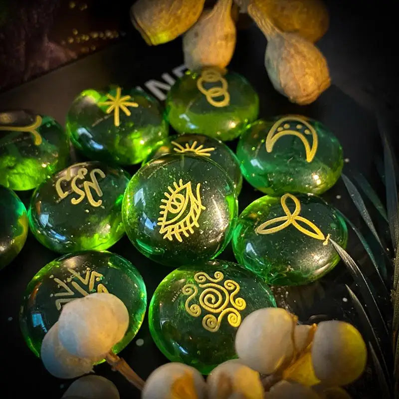 Green Rune Stones Beginners Glass Runes Book Witches Velvet