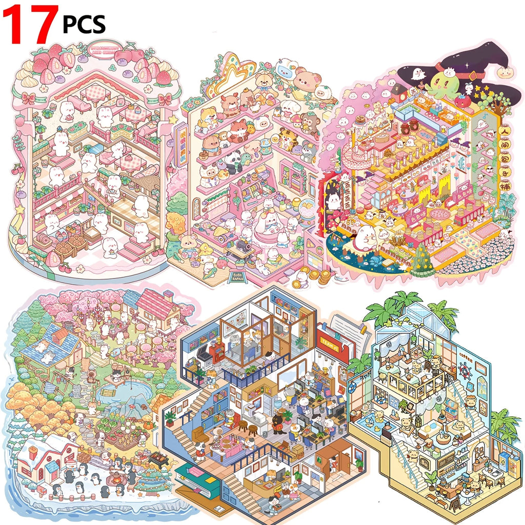 17 PCS Medium Book Scene Stickers, PET Stereoscopic Scenery Stickers, Miniature Scene Stickers, Self-adhesive 3D Cabin Stickers Zpaxo 17PCS
