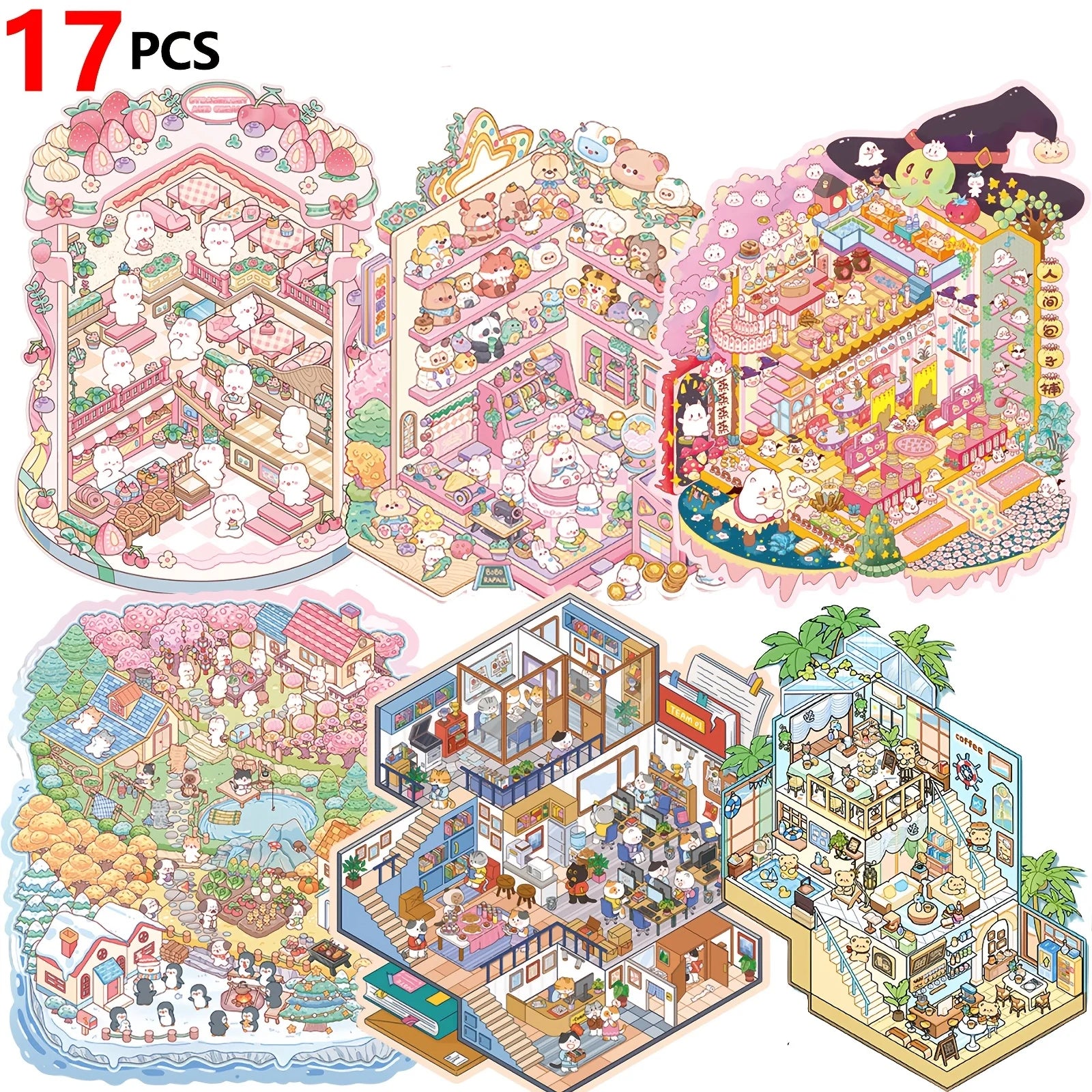 17 PCS Medium Book Scene Stickers, PET Stereoscopic Scenery Stickers, Miniature Scene Stickers, Self-adhesive 3D Cabin Stickers Zpaxo 17PCS