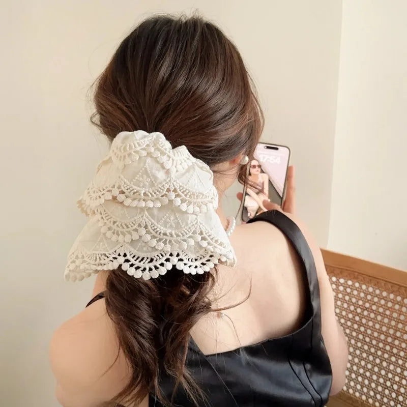 Beige Floral Embroidered Lace Bow Hair Clip Sweet Fashionable Girls