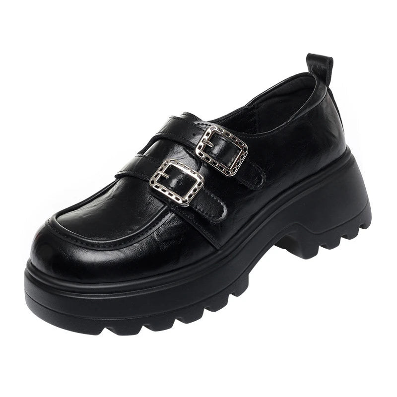 Height Boosting Brown Leather Platform Loafers Double Buckle Non Slip Zpaxo