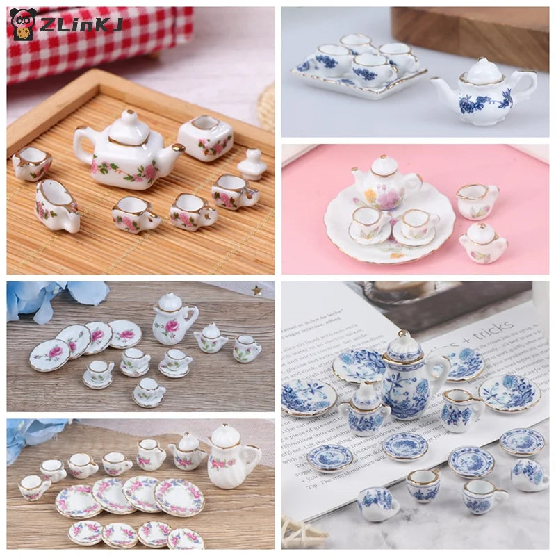 ▶1Set 1:12 Dollhouse Miniature Ceramics Teapot Tea Set Mini Ceramic Kungfu Tea Set Kettle Cup Tableware Model Kitchen Decor Toys Zpaxo