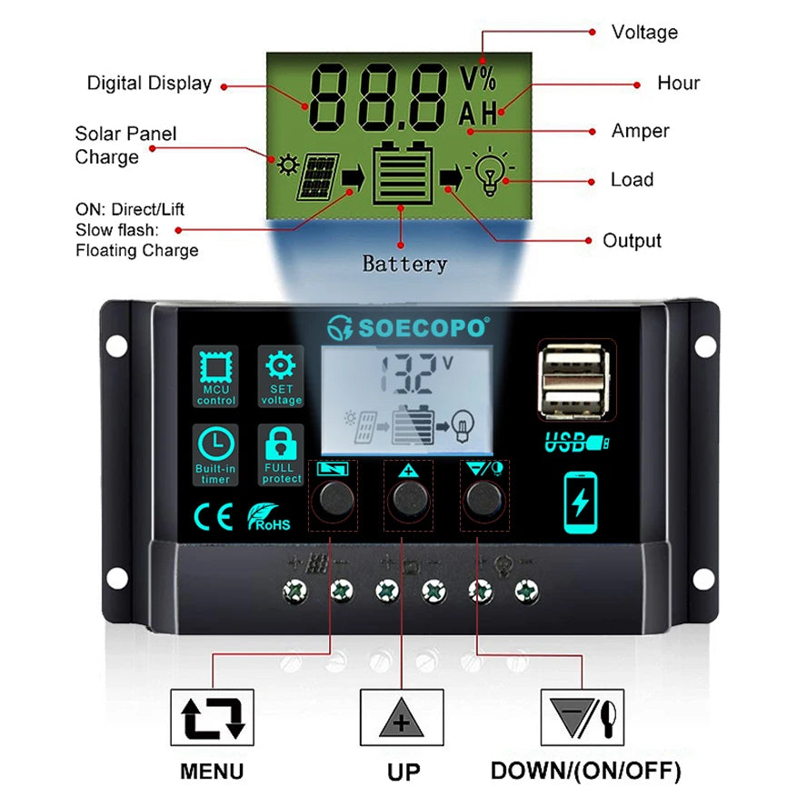 12V 24V 100A Solar Charge Controller Autoswitch LCD Display